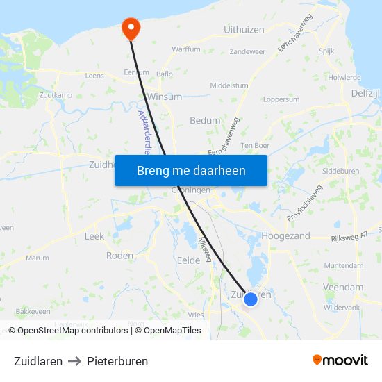 Zuidlaren to Pieterburen map