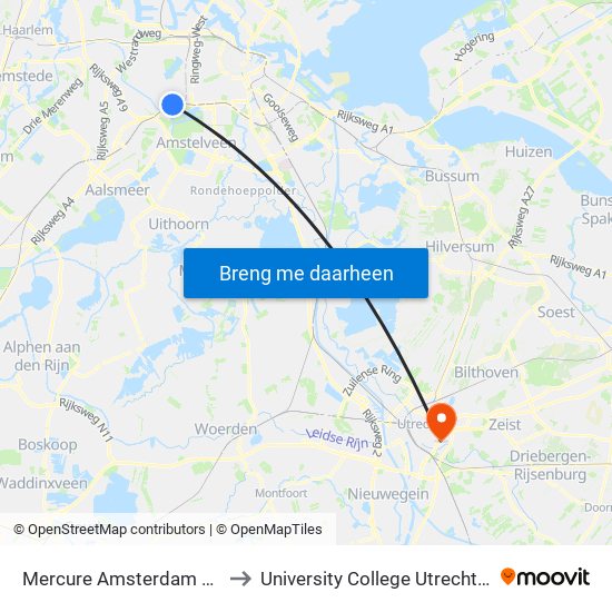 Mercure Amsterdam Airport to University College Utrecht 'Babel' map