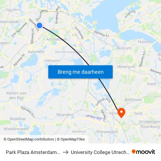 Park Plaza Amsterdam Airport to University College Utrecht 'Babel' map