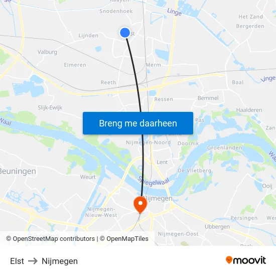 Elst to Nijmegen map