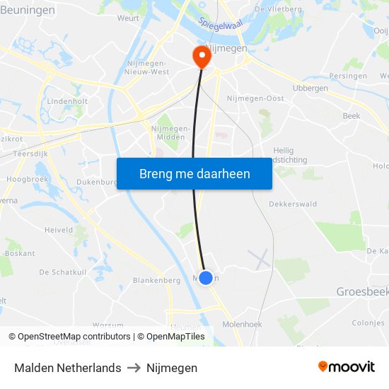 Malden Netherlands to Nijmegen map