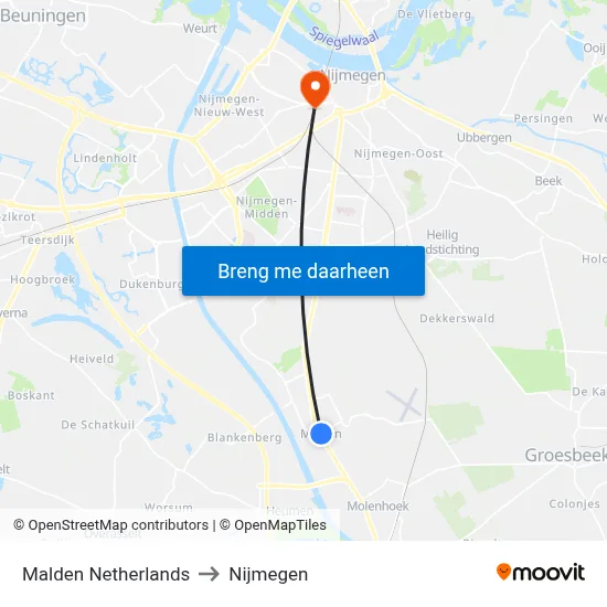 Malden Netherlands to Nijmegen map
