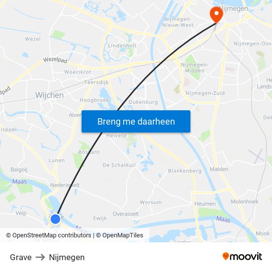 Grave to Nijmegen map