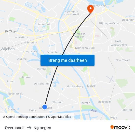 Overasselt to Nijmegen map
