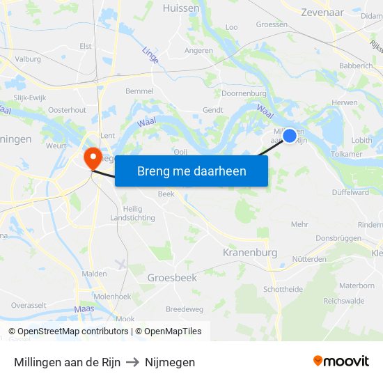 Millingen aan de Rijn to Nijmegen map