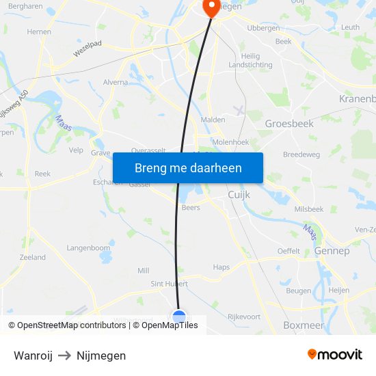 Wanroij to Nijmegen map