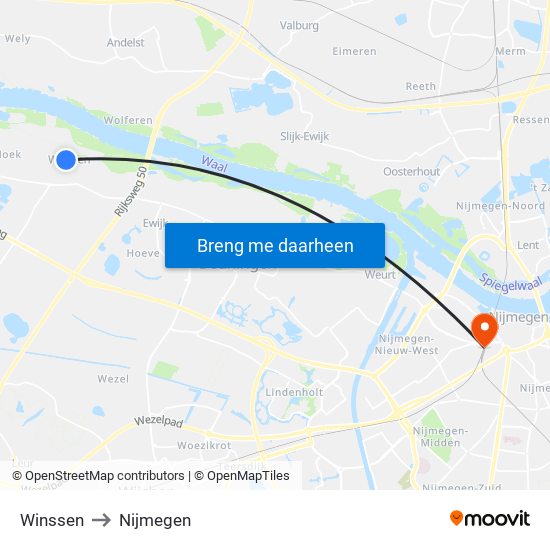 Winssen to Nijmegen map