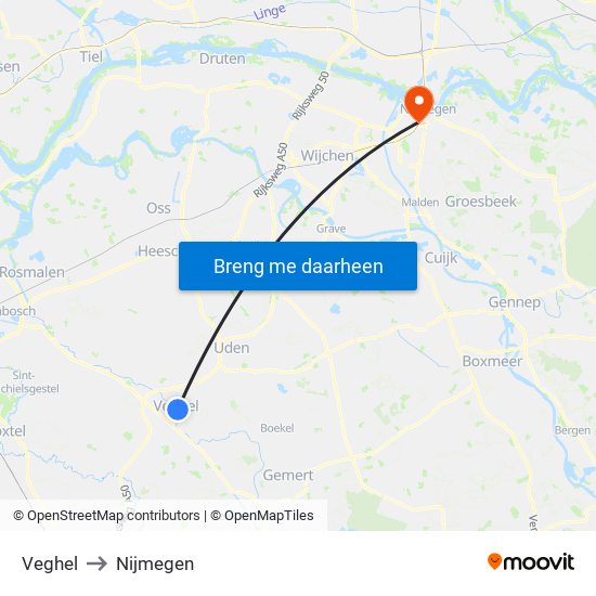 Veghel to Nijmegen map