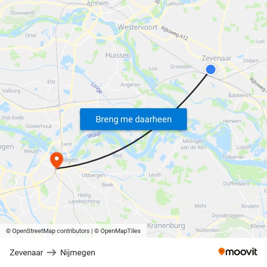 Zevenaar to Nijmegen map