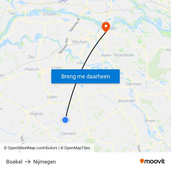 Boekel to Nijmegen map