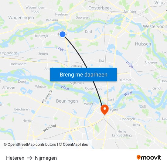 Heteren to Nijmegen map