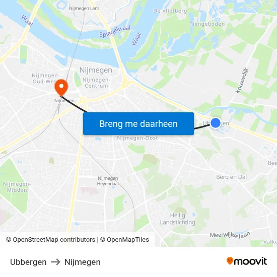 Ubbergen to Nijmegen map