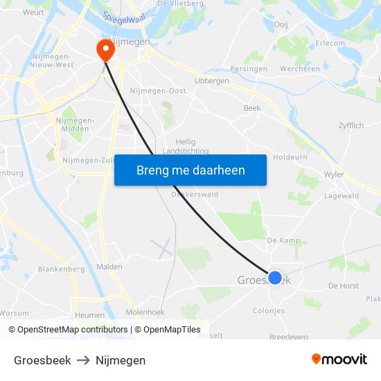 Groesbeek to Nijmegen map