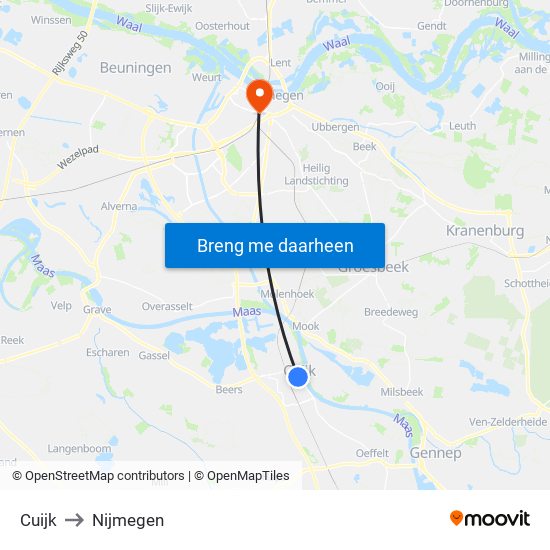 Cuijk to Nijmegen map