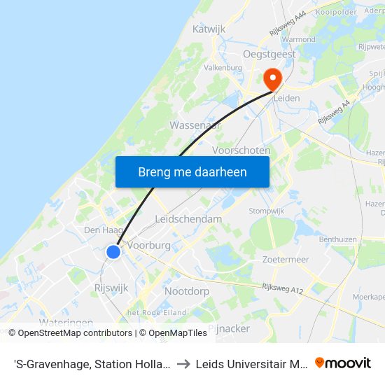 'S-Gravenhage, Station Hollands Spoor (Perron A) to Leids Universitair Medisch Centrum map