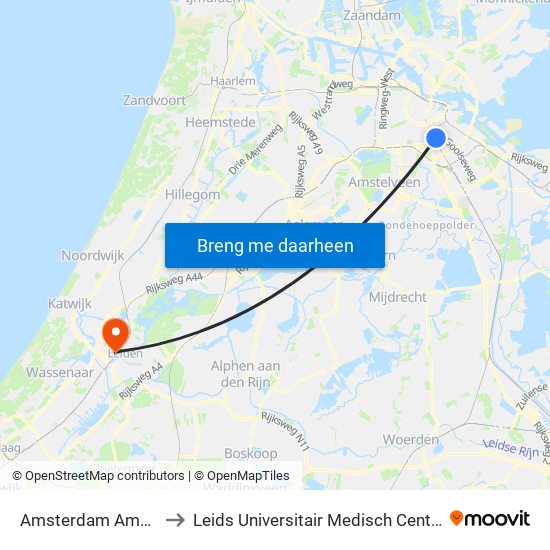 Amsterdam Amstel to Leids Universitair Medisch Centrum map