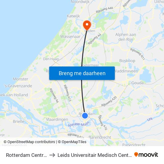 Rotterdam Centraal to Leids Universitair Medisch Centrum map