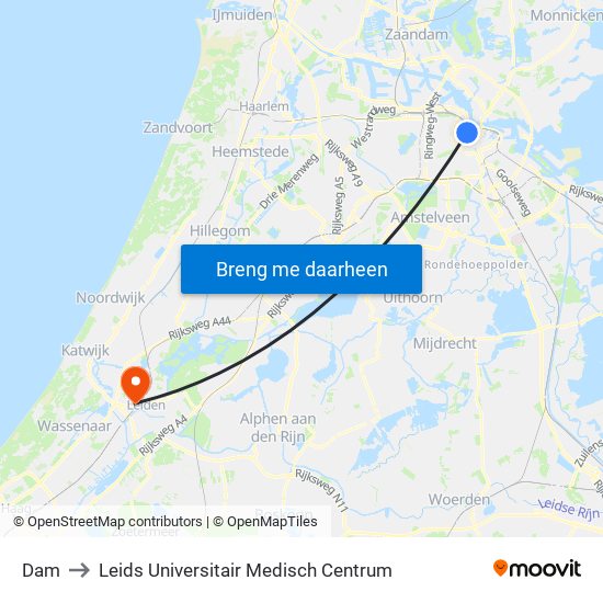 Dam to Leids Universitair Medisch Centrum map