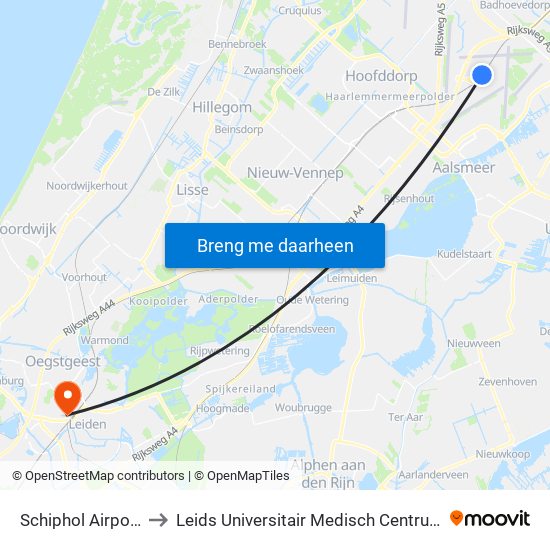 Schiphol Airport to Leids Universitair Medisch Centrum map