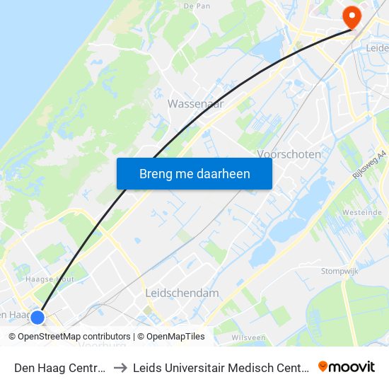 Den Haag Centraal to Leids Universitair Medisch Centrum map
