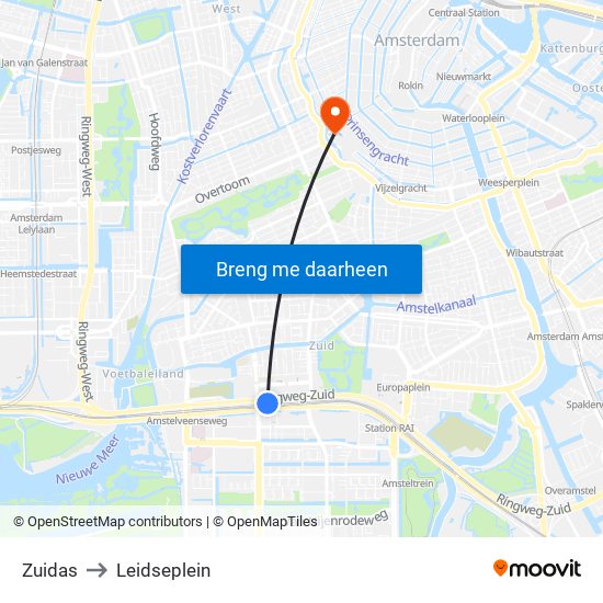 Zuidas to Leidseplein map