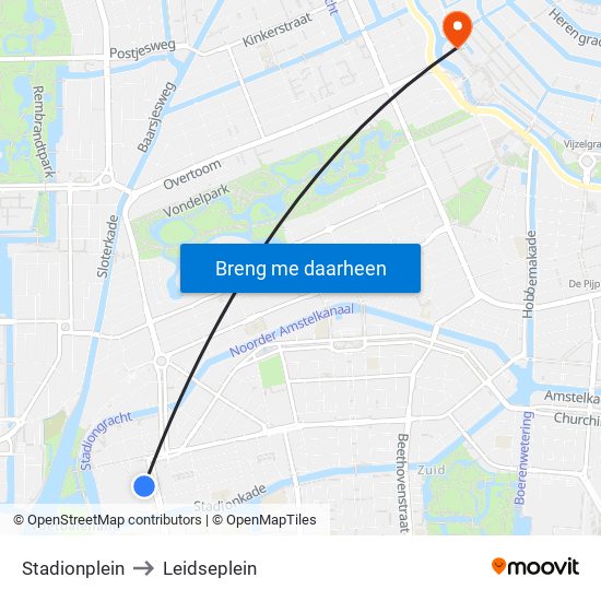 Stadionplein to Leidseplein map