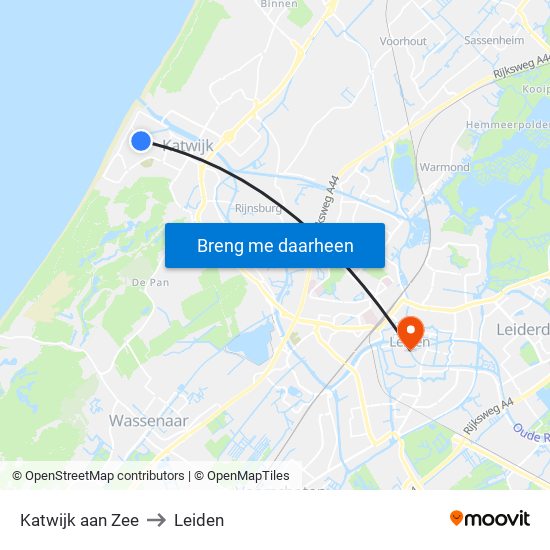 Katwijk aan Zee to Leiden map