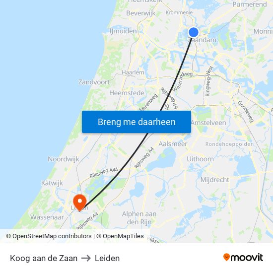 Koog aan de Zaan to Leiden map