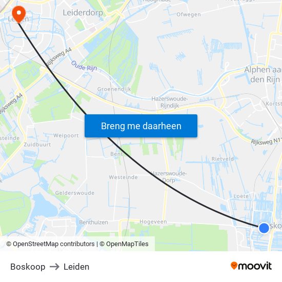 Boskoop to Leiden map