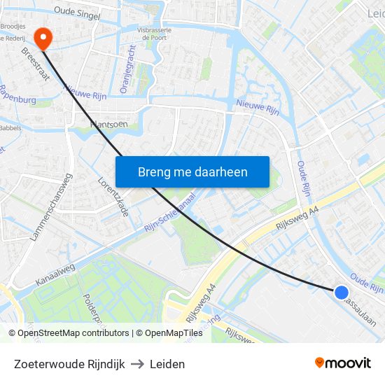 Zoeterwoude Rijndijk to Leiden map