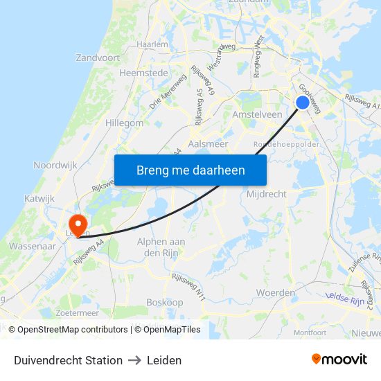 Duivendrecht Station to Leiden map