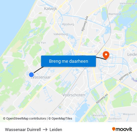 Wassenaar Duinrell to Leiden map