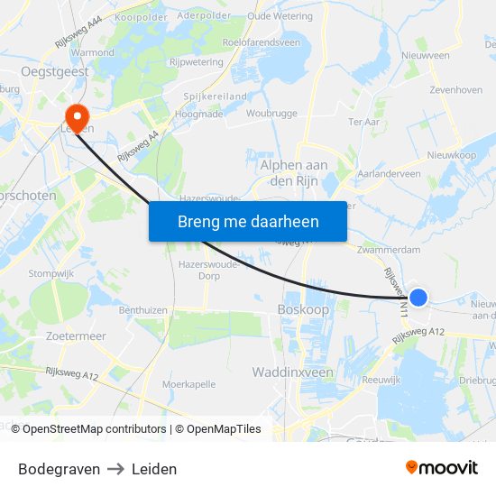 Bodegraven to Leiden map