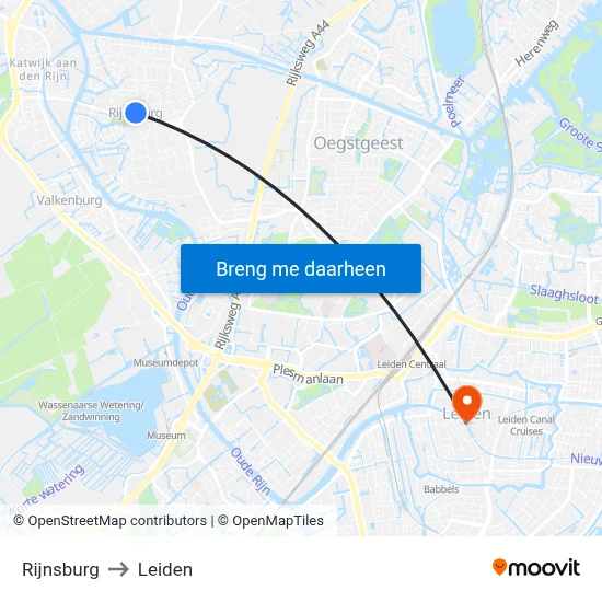 Rijnsburg to Leiden map