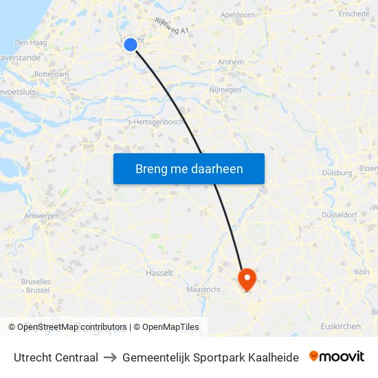 Utrecht Centraal to Gemeentelijk Sportpark Kaalheide map