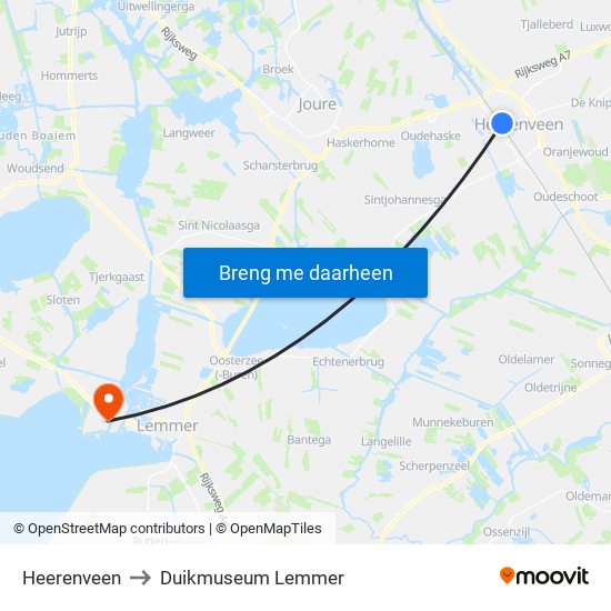 Heerenveen to Duikmuseum Lemmer map