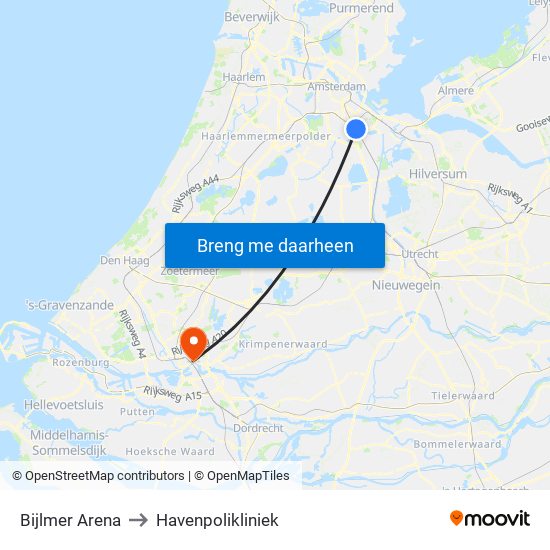 Bijlmer Arena to Havenpolikliniek map