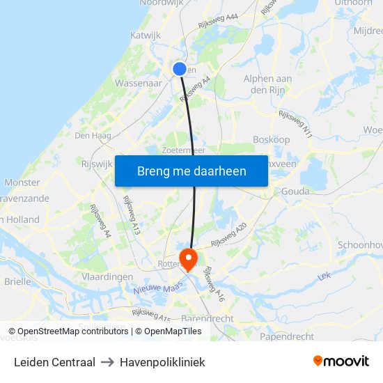 Leiden Centraal to Havenpolikliniek map