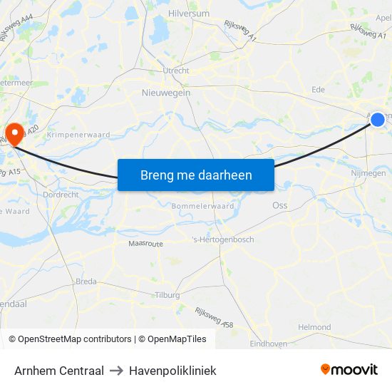 Arnhem Centraal to Havenpolikliniek map