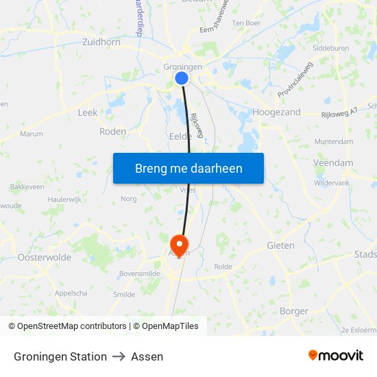 Groningen Station to Assen map