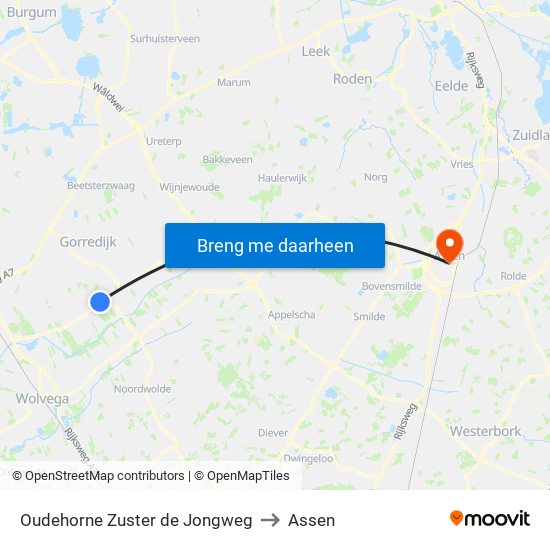 Oudehorne Zuster de Jongweg to Assen map