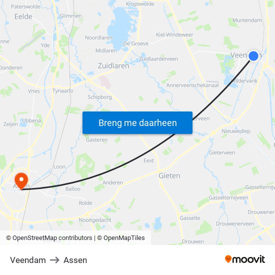 Veendam to Assen map