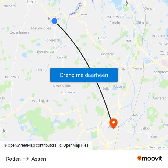 Roden to Assen map