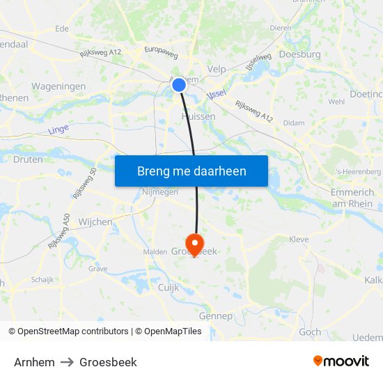 Arnhem to Groesbeek map