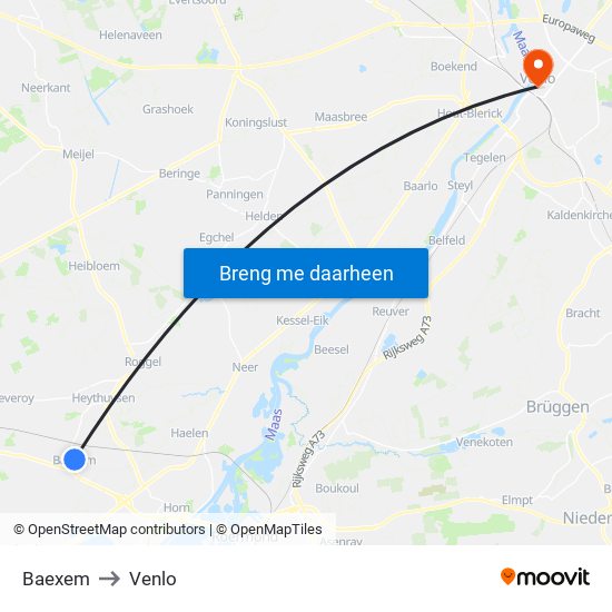 Baexem to Venlo map