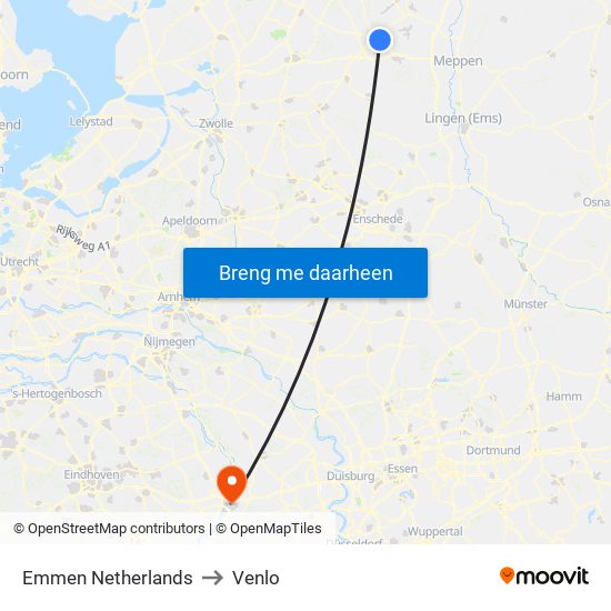 Emmen Netherlands to Venlo map