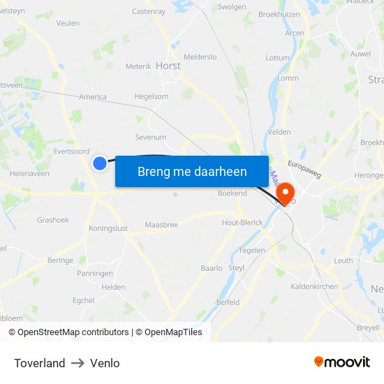 Toverland to Venlo map
