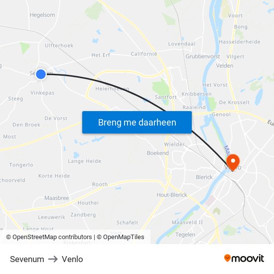 Sevenum to Venlo map