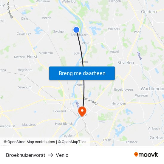Broekhuizenvorst to Venlo map