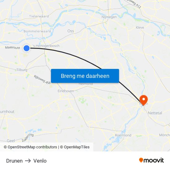 Drunen to Venlo map